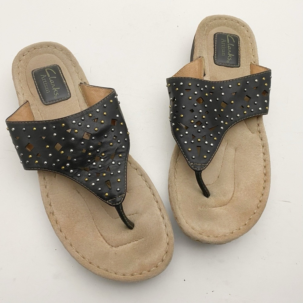 Clarks Artisan Studded Laser Cut Thong Wedge Sandals Womens 10M‎ Black